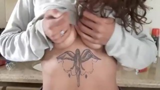 Mixed babe fucks herself off the counter