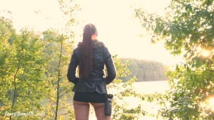 Jeny Smith in nylon pantyhose without panties shocked a biker in the forest. Bottomless in Public.