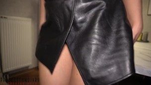 dominant wife in leather skirt taken on a table - hugh cumload on her sexy leather high heel boots