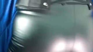 Rubbing cameltoe and spanking booty in leather leggings