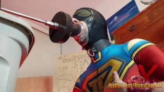 Superhero cock-pig goes ass-to-mouth on the CENTAUR dildo from Hankey's Toys