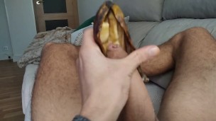 Pig Boy Jerks off Big Dick Very Dirty with Hot Banana, Lots of Pleasure, You should try