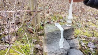 Making cum drink from two filled condoms after I was fucked public and my jerk off after cum eating