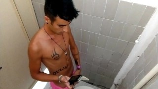 Showing off cock - Friend is recording my jerk off in toilet at pool