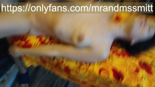 hot milf gets orgasm from sex on massage table. cum on hairy pussy close up