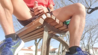 Risky masturbation on a public park bench - people watching