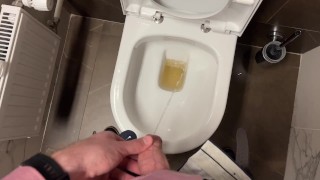 Hairy guy in suit pissing and jerking off at office toilet and cum into restroom's sink