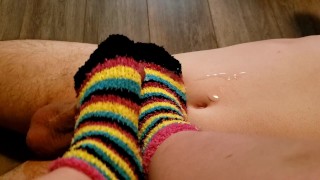 Cumming on her warm, fluffy rainbow socks - Jake & Cassandra
