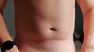 Fit daddy strips and jerks until he blows a dripping load of cum