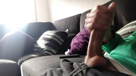 Huge Veiny Cock is Jerked on the Couch Until He Cums, we watch a movie?