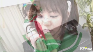 Horny Japanese college chick gets naughty and shows her shaved cunt