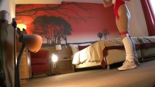 Fitness Teacher Sexy Hot Tight Pussy Ana shows her skills in Red Monokini Bikini in a Hotel Room