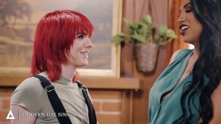 MODERN-DAY SINS - Hot Trans Babysitter Bottoms For Their Potential Bosses During Impromptu Threesome
