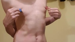 Eating my own cum, with nipple clamps, and pinching my chest. Self BDSM
