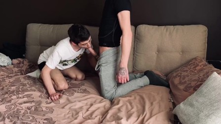 Two guys have fun at bed