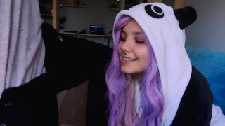 Cute girl with purple hair is delighted with my penis