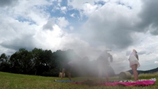 Yoga and Gymnastics Outdoors without Panties in School Uniform Miniskirt with Hot Tight Pussy Girls