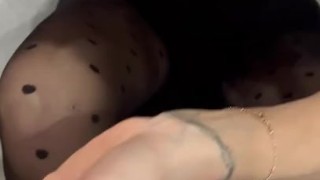 Blowjob and cum on pantyhose on the sofa 