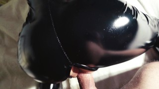 Latex milf rides me and I cum a lot on her latex back - 4k video
