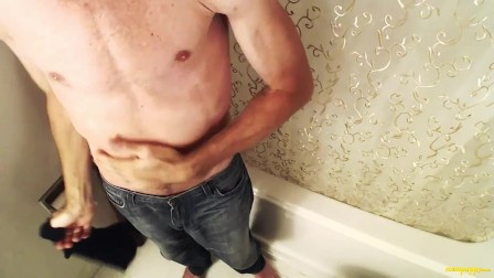 Skinny gay DILF trims up and jerks his hard dick