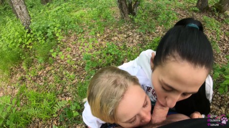 Two Girlfriends Suck Cock in the Woods - Threesome Outdoor blowjob - Public POV