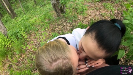 Two Girlfriends Suck Cock in the Woods - Threesome Outdoor blowjob - Public POV