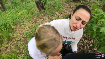 Two Girlfriends Suck Cock in the Woods - Threesome Outdoor Blowjob - Public POV