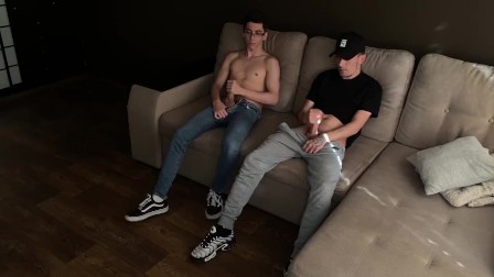 Two guys jerk off and sucking before hard sex