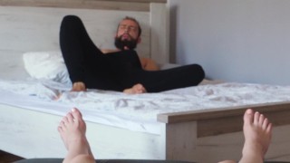Guy jerks off in front of me and that brings my shaved tight pussy to real orgasm