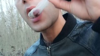 Twink uses cum filled condom after fuck like bubble gum and puts on a condom on his tongue