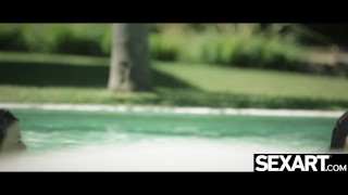 Watch naked beauties eat each other's dripping pussy at the pool