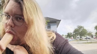 Slave Sucks Dildo in Public Parking Lot!