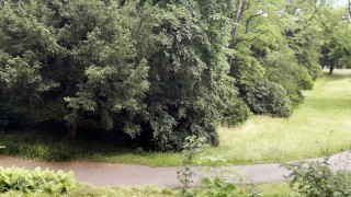 Crazy girl gives sloppy handjob in a highly frequented park with a huge cumshot - risky!