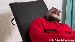 Bound hunk with big beard endures tickling torment from dom