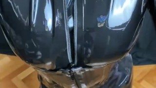 Latex slave polishes my catsuit