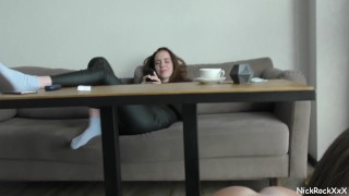 Teen girl sucks in a restaurant ! Public blowjob
