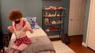 Femboy schoolgirl trap gets home and can’t resist playing with her cock and hole.
