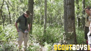 2 cute smooth scout boys bareback & suck hot DILF in wood