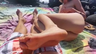 Footjob at public Tenerife beach