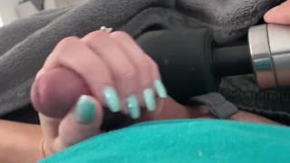 He can’t resist seeing my light blue fingernails against his cock. Cums on my hand