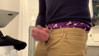 Bathroom Bating and cumming in my sagging jeans and boxers. NICE cum shot. verbal, moaning
