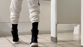 College student stroking horse cock in school gym bathroom
