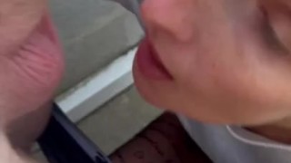 Outside blowjob and cum on nylon 