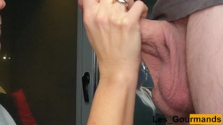 MILF in glasses and lipstick gives a big blowjob and gets a huge facial
