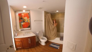 Stepmom takes shower and gets fingered to orgasm by stepson