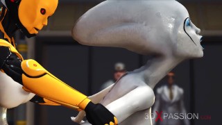 Futa sex robot plays with a female alien in the sci-fi lab