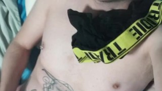 Tattooed guy sniffing cummy boxers