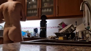 Smooth daddy caught naked in the kitchen pissing in the sink and preparing morning coffee