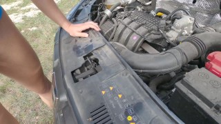Car trouble makes twink get naked and covered in oil, sweat and cum