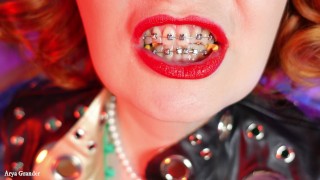 ASMR mukbang: food fetish - eating chocolate - latex rubber MILF blogger